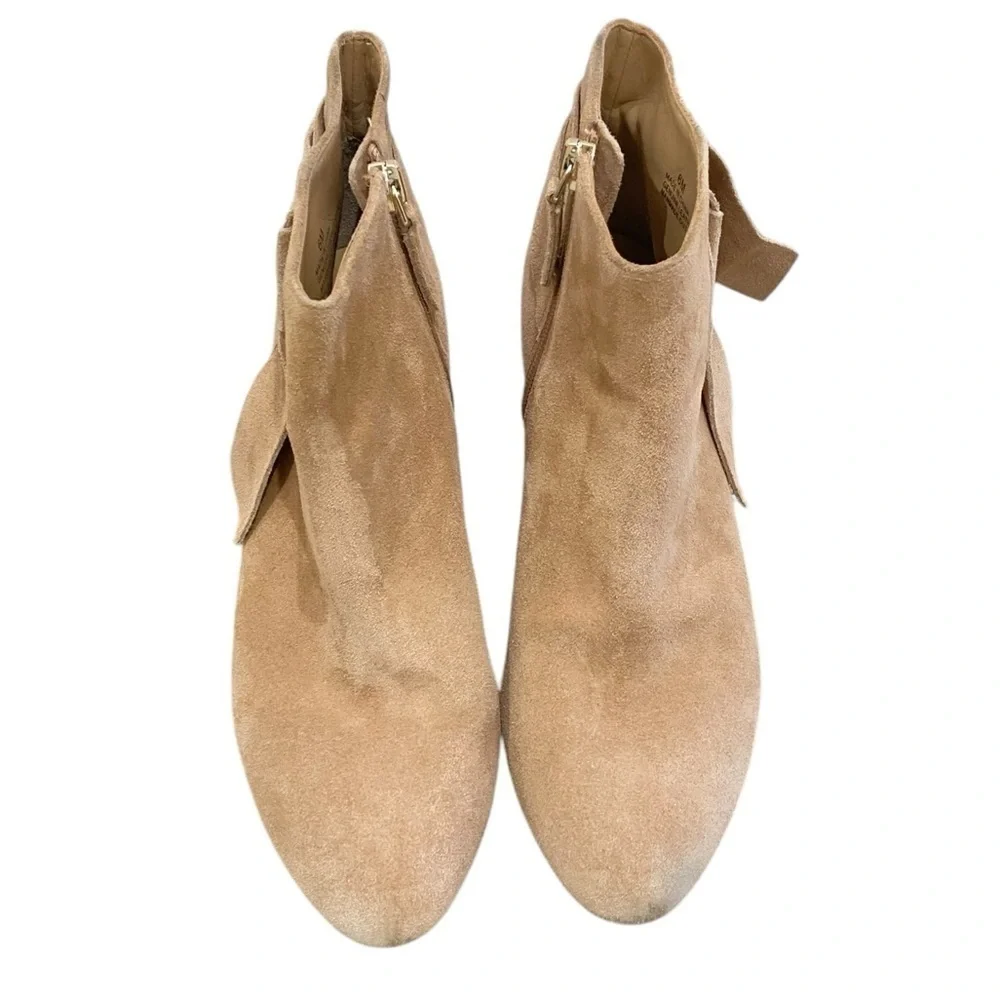 Talbots 100% leather suede ankle tan zip up booties folded bow round toe size 6